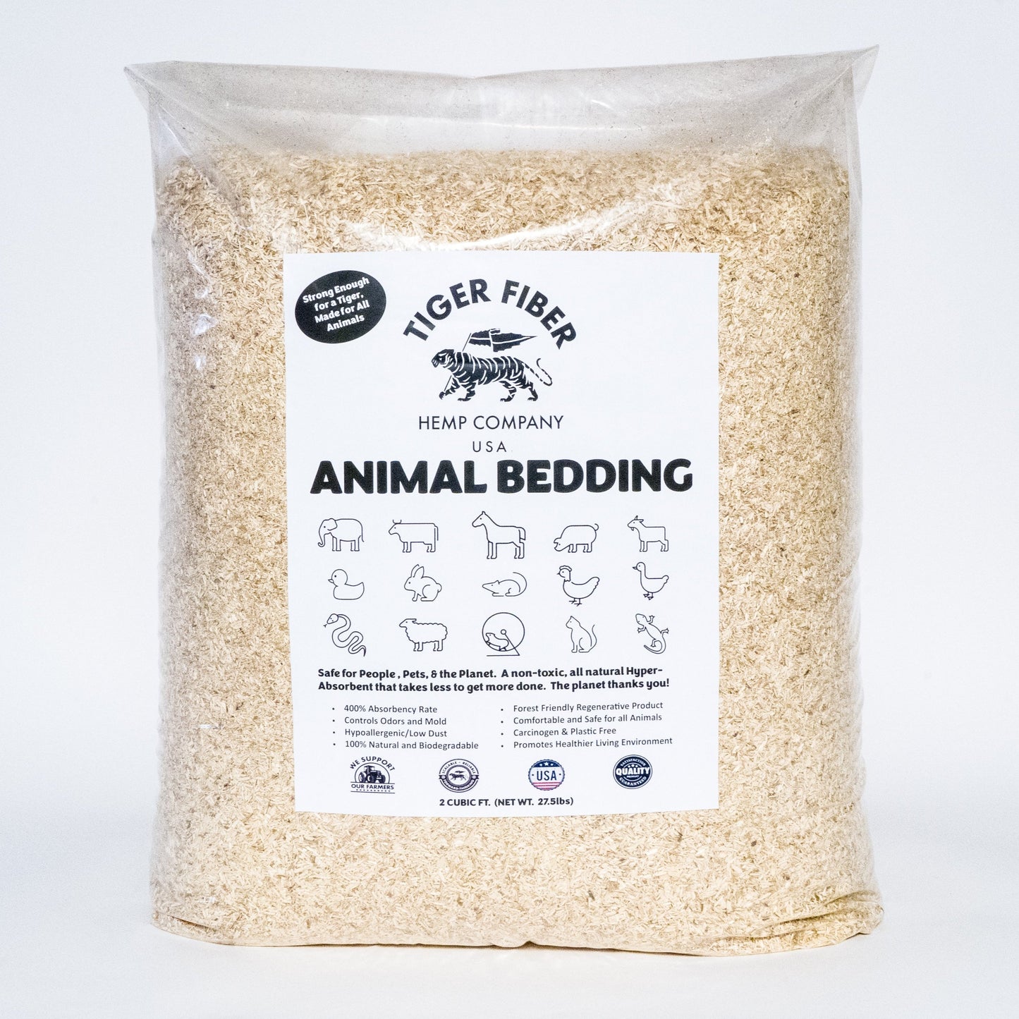 A 2.5 cubic ft bag of made in the USA animal bedding by Tiger Fiber hemp displayed over a white backdrop.